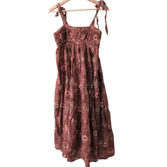 Ulla Johnson Cordelia Floral Tiered Midi Dress Smocked Tie Strap Rosebud Brown 4